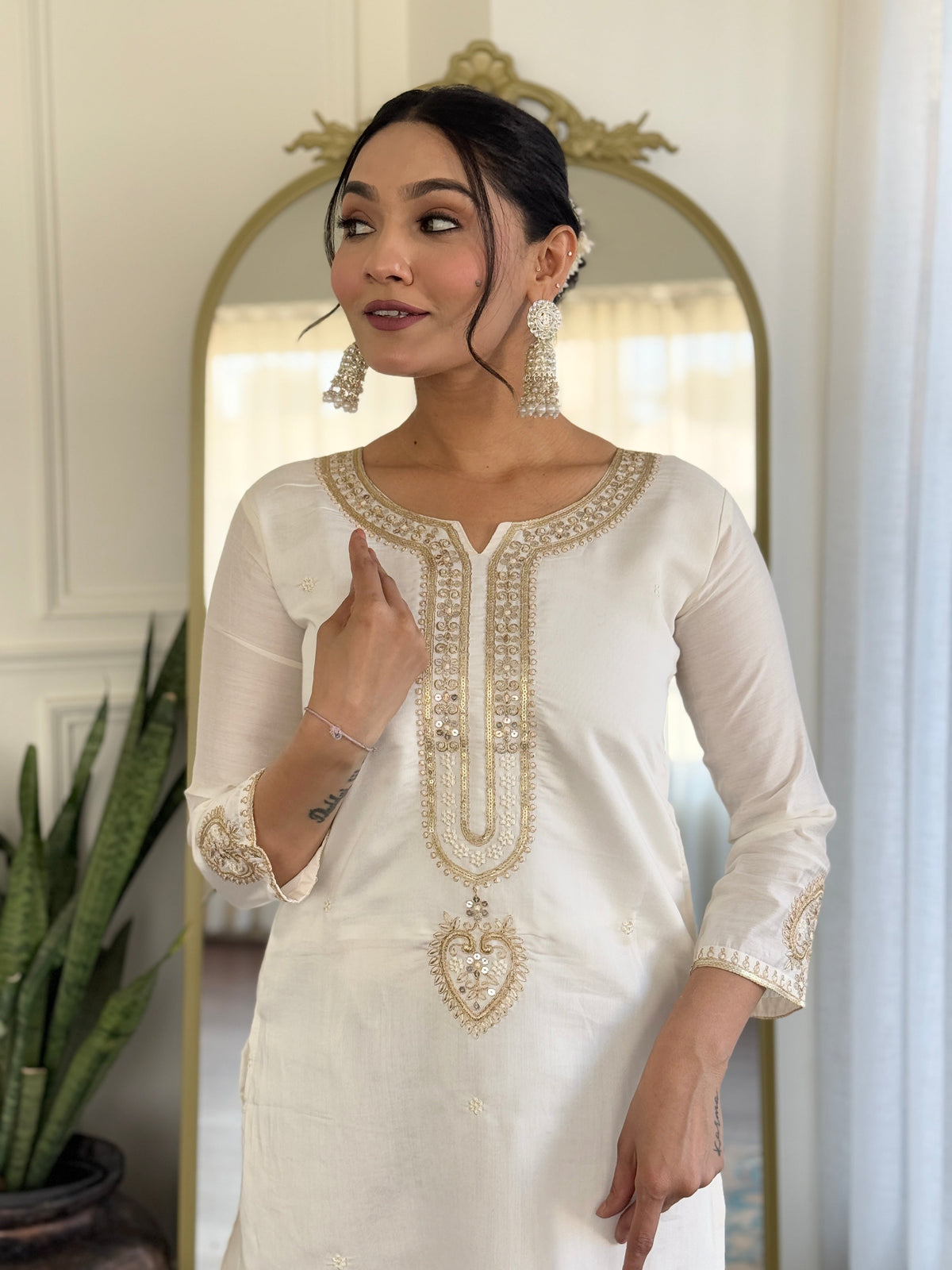 Sonakshi Women's Cream Viscose Chanderi Kurta Set with Dupatta | Grocsy