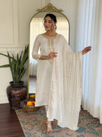 Sonakshi Women's Cream Viscose Chanderi Kurta Set with Dupatta | Grocsy