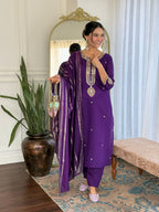 Sonakshi Women's Purple Viscose Chanderi Kurta Set with Dupatta | Grocsy