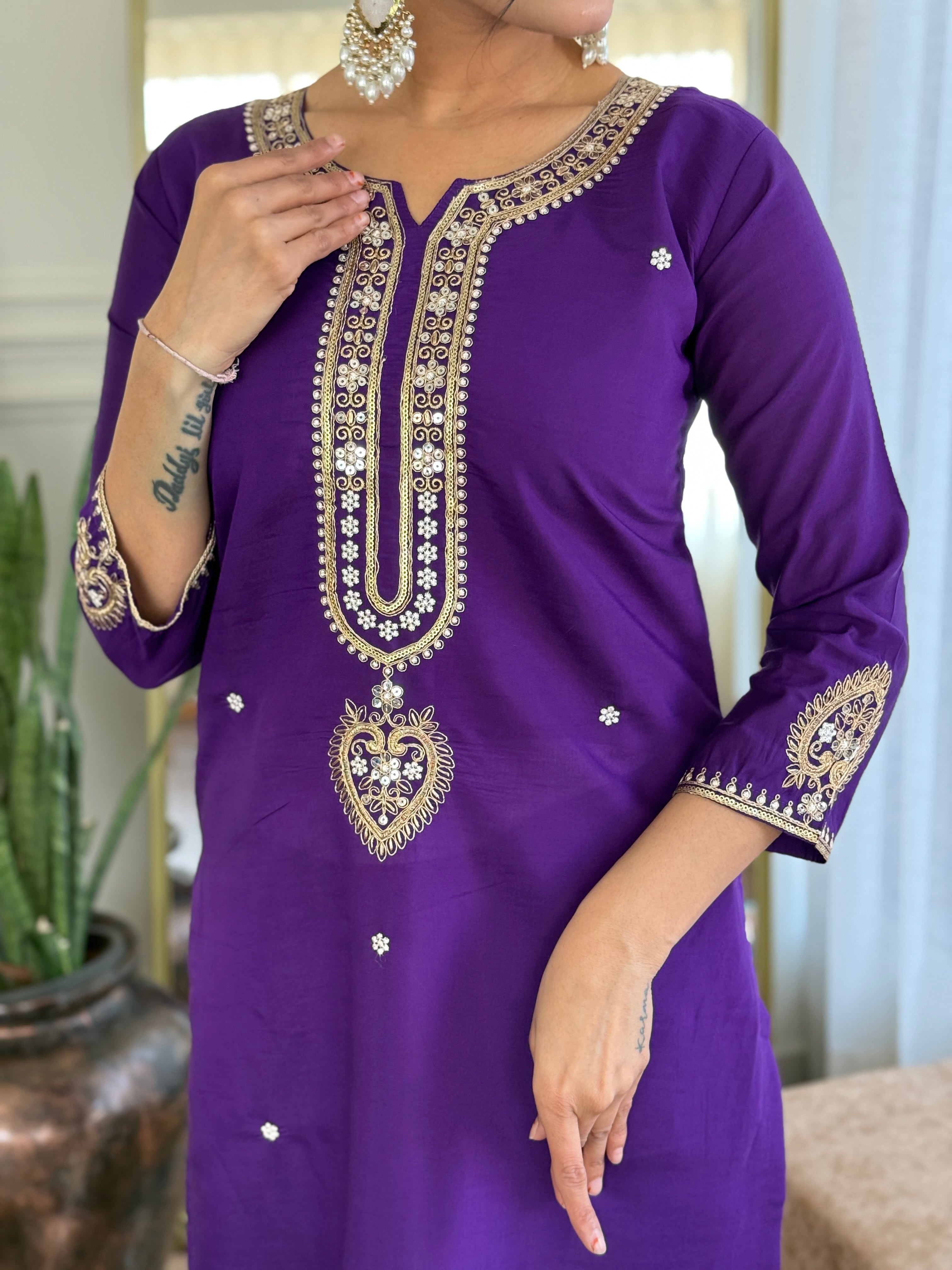 Sonakshi Women's Purple Viscose Chanderi Kurta Set with Dupatta | Grocsy