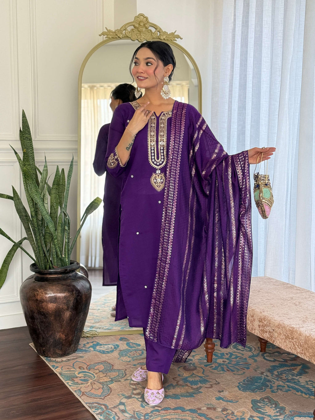 Sonakshi Women's Purple Viscose Chanderi Kurta Set with Dupatta | Grocsy