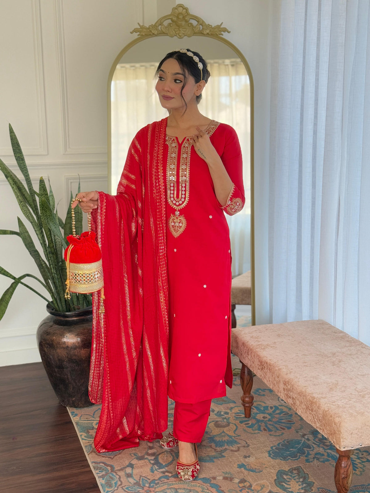 Sonakshi Women's Red Viscose Chanderi Kurta Set with Dupatta | Grocsy