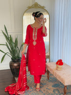 Sonakshi Women's Red Viscose Chanderi Kurta Set with Dupatta | Grocsy