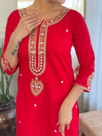 Sonakshi Women's Red Viscose Chanderi Kurta Set with Dupatta | Grocsy
