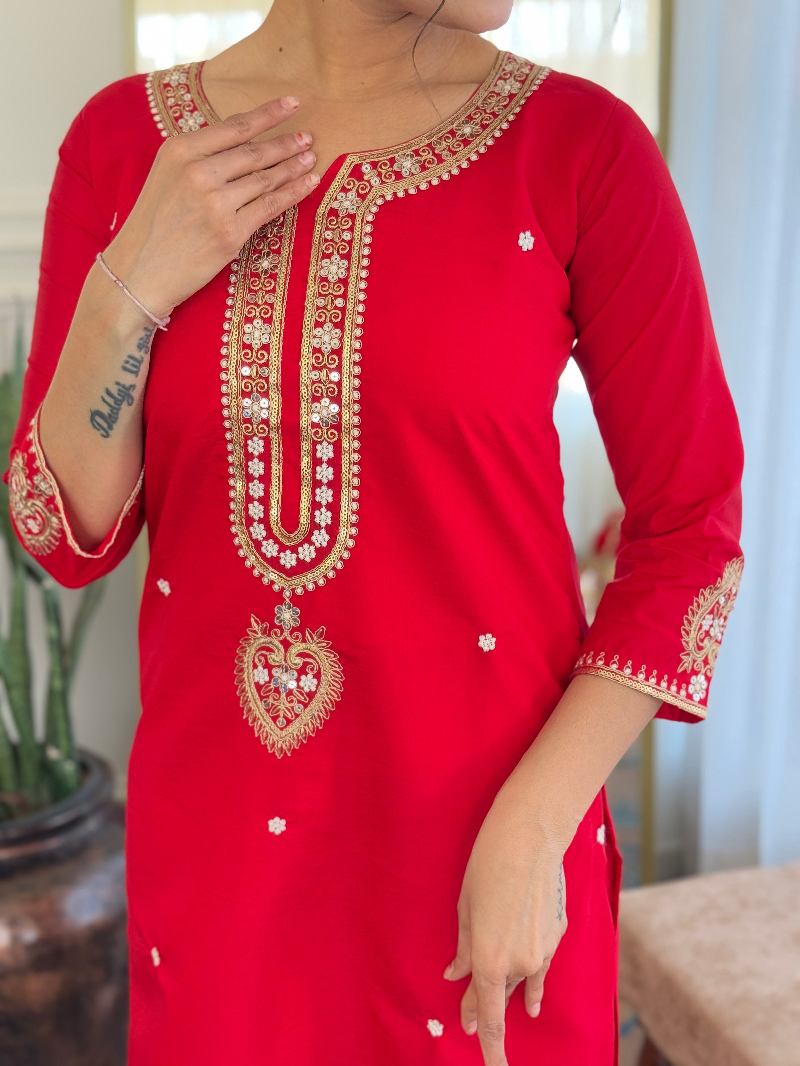 Sonakshi Women's Red Viscose Chanderi Kurta Set with Dupatta | Grocsy