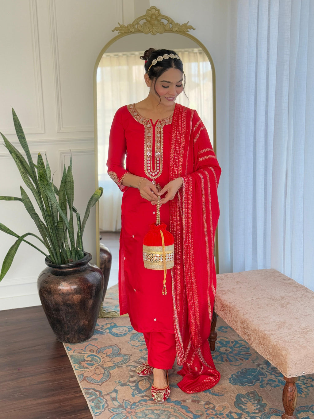 Sonakshi Women's Red Viscose Chanderi Kurta Set with Dupatta | Grocsy