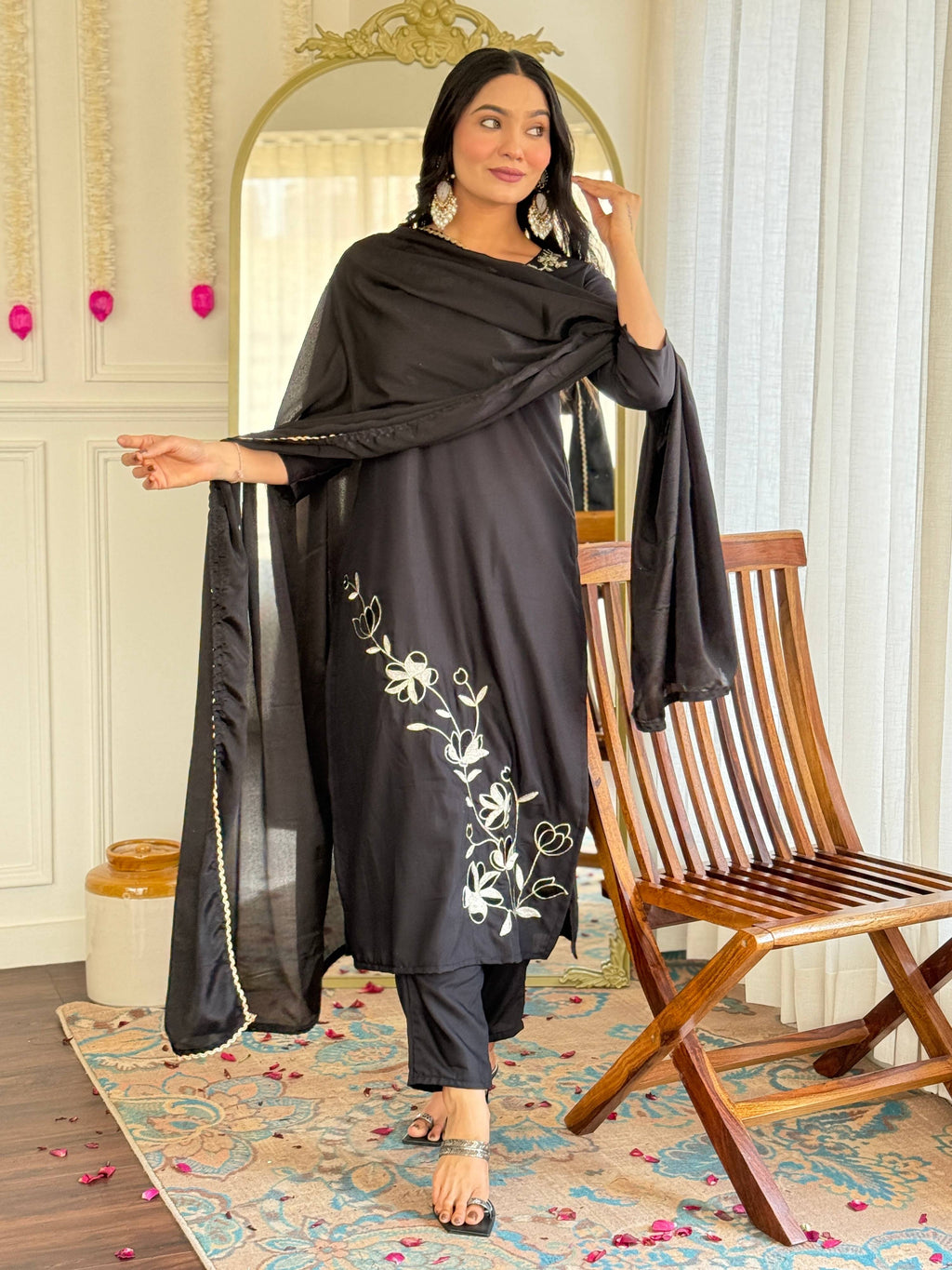 Sonakshi Women's Black Viscose Rayon Kurta Set with Dupatta | Grocsy