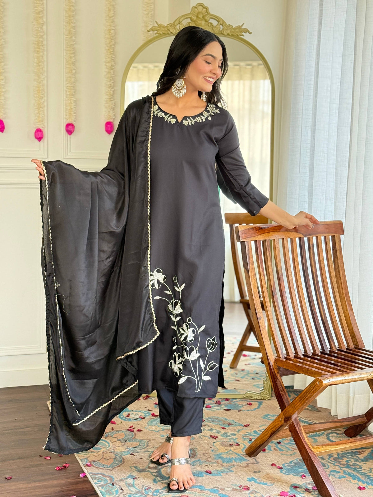 Sonakshi Women's Black Viscose Rayon Kurta Set with Dupatta | Grocsy