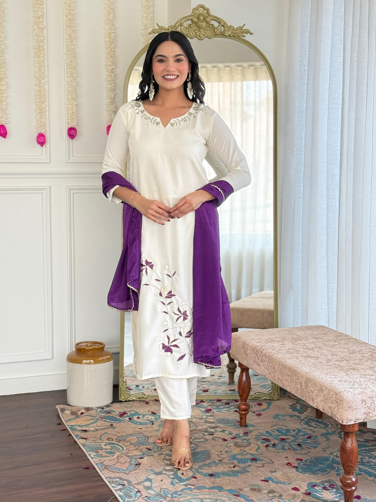 Sonakshi Women's Off White Viscose Rayon Kurta Set with Dupatta | Grocsy