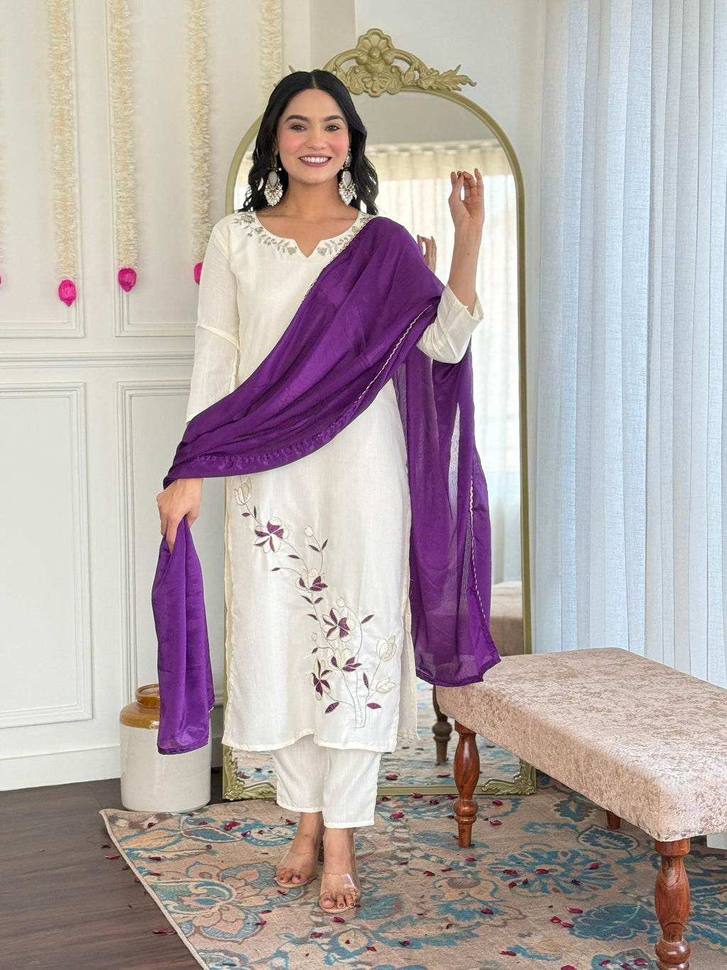 Sonakshi Women's Off White Viscose Rayon Kurta Set with Dupatta | Grocsy