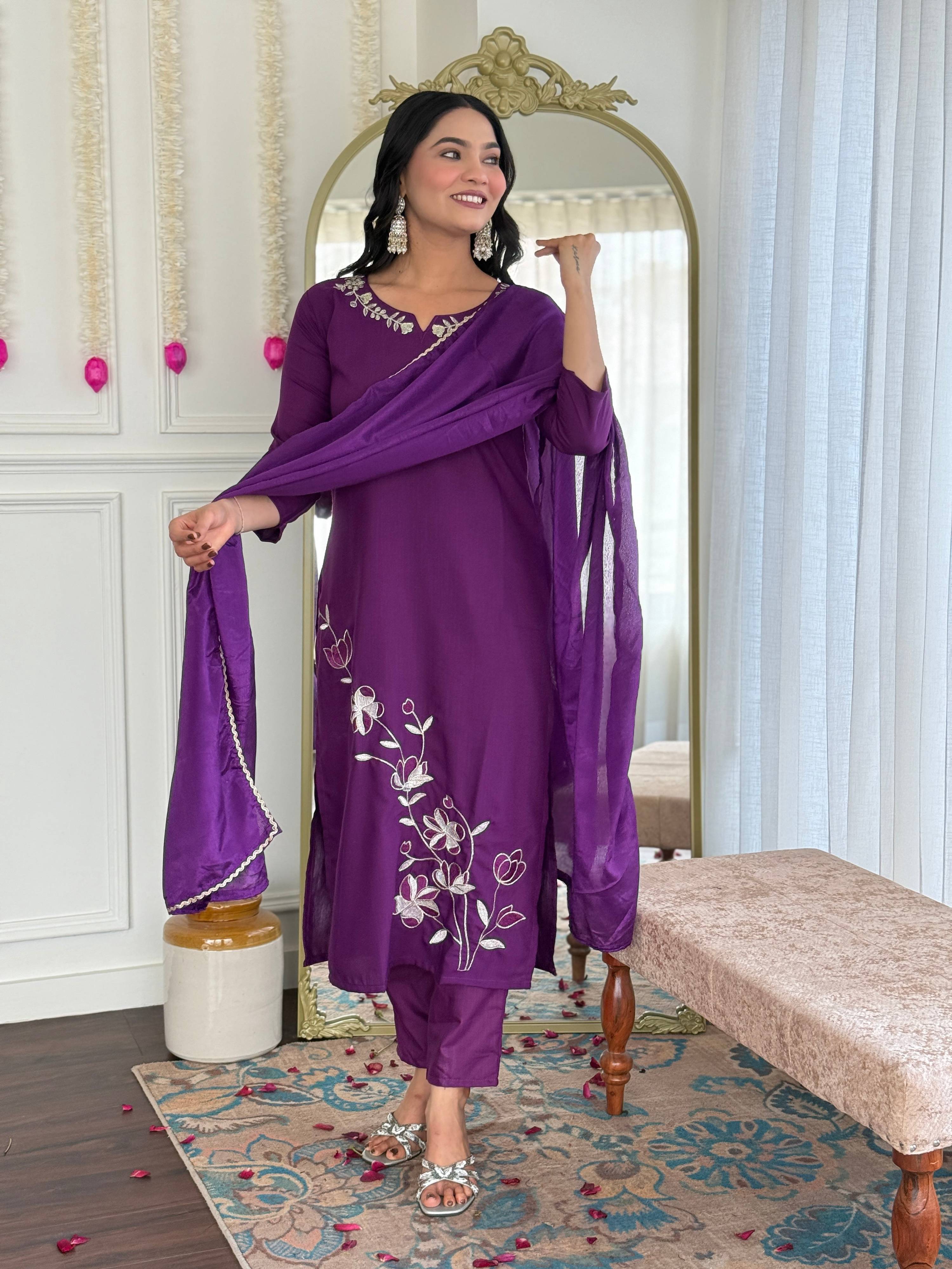 Sonakshi Women's Wine Viscose Rayon Kurta Set with Dupatta | Grocsy