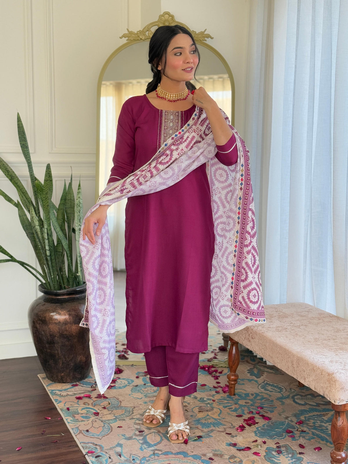 Sonakshi Women's Maroon Rayon Embroidered Kurta Set with Dupatta | Grocsy