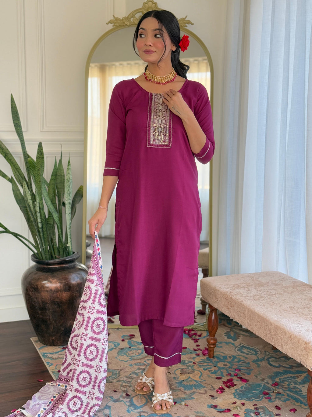 Sonakshi Women's Maroon Rayon Embroidered Kurta Set with Dupatta | Grocsy