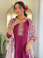 Sonakshi Women's Maroon Rayon Embroidered Kurta Set with Dupatta | Grocsy