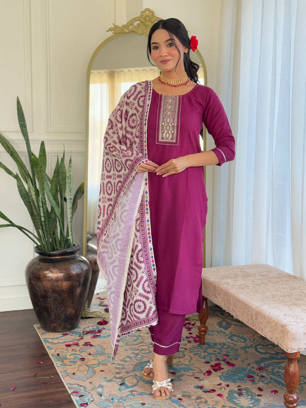 Sonakshi Women's Maroon Rayon Embroidered Kurta Set with Dupatta | Grocsy