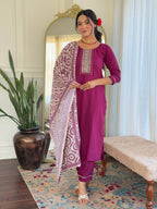 Sonakshi Women's Maroon Rayon Embroidered Kurta Set with Dupatta | Grocsy