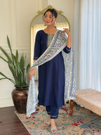 Sonakshi Women's Navy Blue Rayon Embroidered Kurta Set with Dupatta | Grocsy