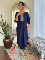 Sonakshi Women's Navy Blue Rayon Embroidered Kurta Set with Dupatta | Grocsy
