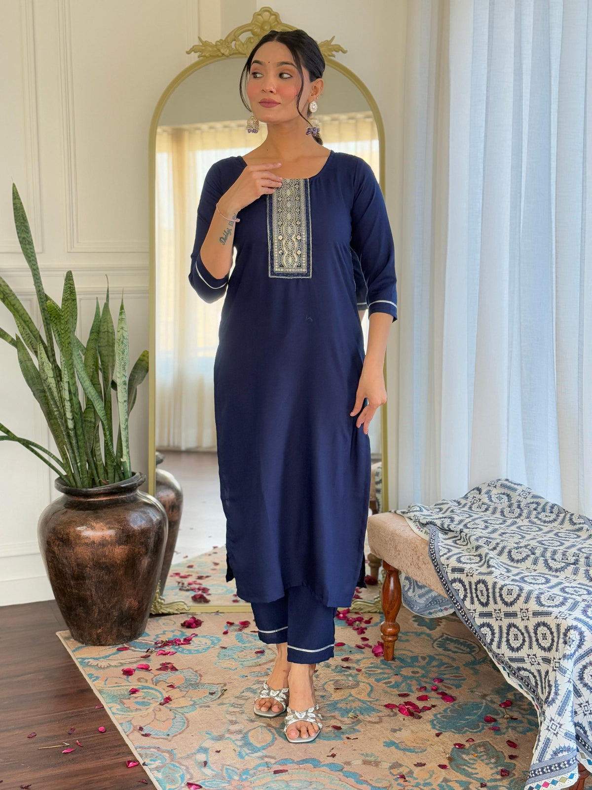 Sonakshi Women's Navy Blue Rayon Embroidered Kurta Set with Dupatta | Grocsy