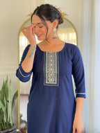Sonakshi Women's Navy Blue Rayon Embroidered Kurta Set with Dupatta | Grocsy