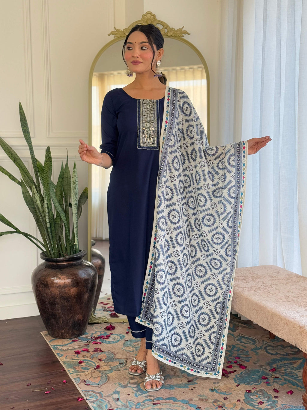 Sonakshi Women's Navy Blue Rayon Embroidered Kurta Set with Dupatta | Grocsy