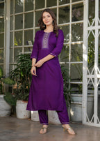 Sonakshi Women's Wine Rayon Embroidered Kurta Set with Dupatta | Grocsy