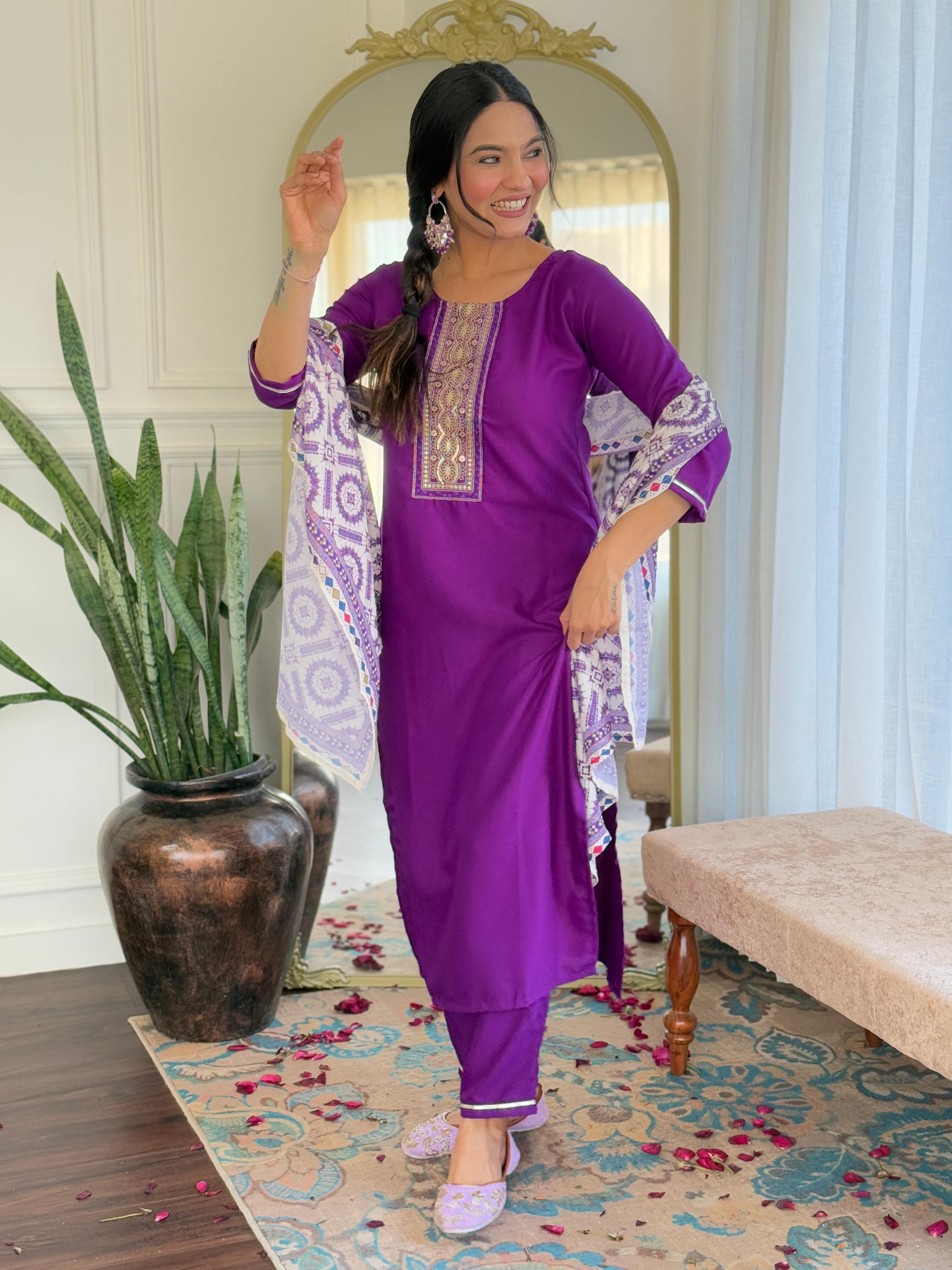 Sonakshi Women's Wine Rayon Embroidered Kurta Set with Dupatta | Grocsy