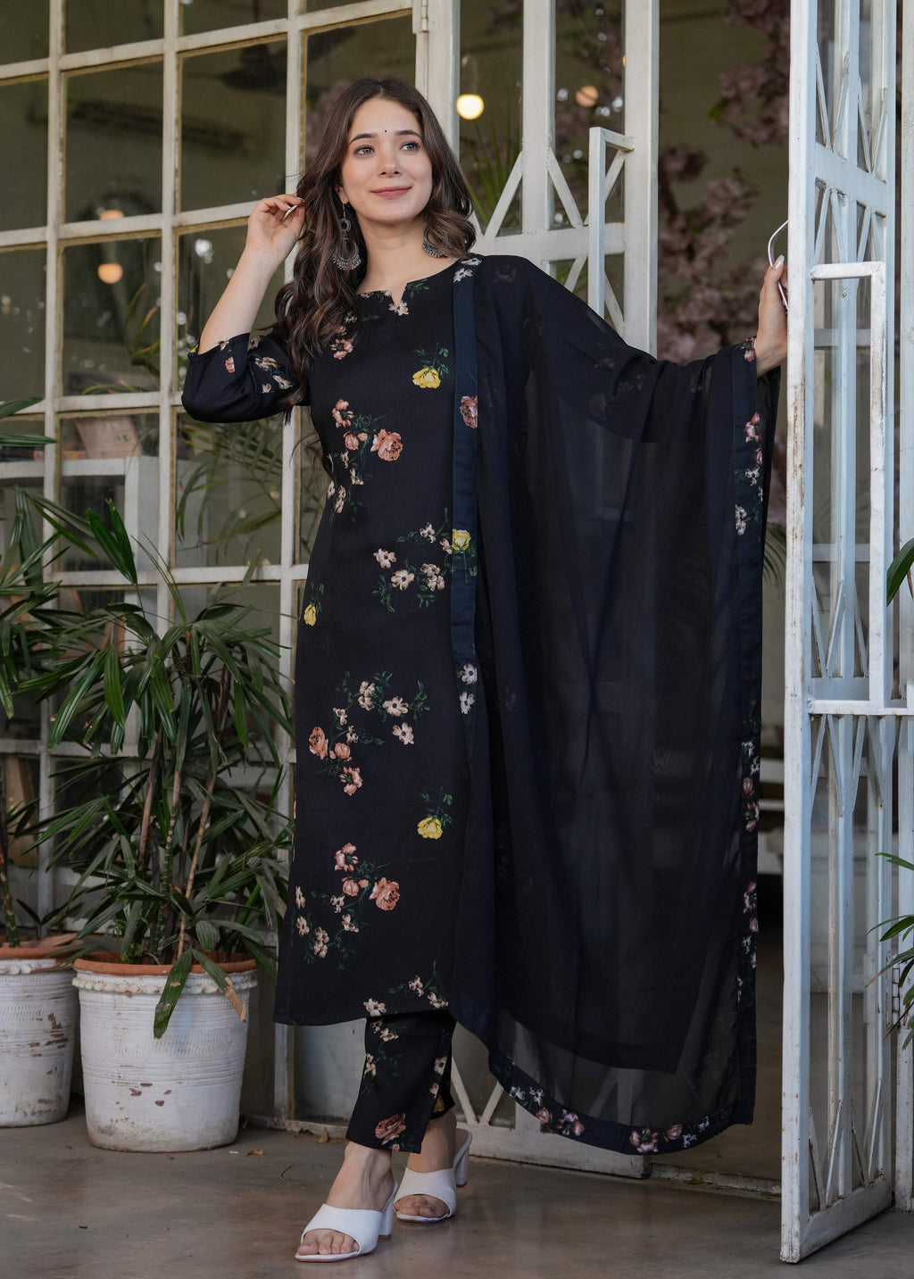 Sonakshi Women's Black Silk Blend Digital Kurta Set with Dupatta | Grocsy