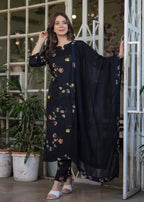 Sonakshi Women's Black Silk Blend Digital Kurta Set with Dupatta | Grocsy