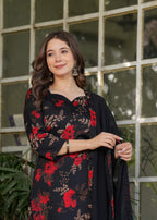 Sonakshi Women's Black Silk Blend Digital Kurta Set with Dupatta | Grocsy