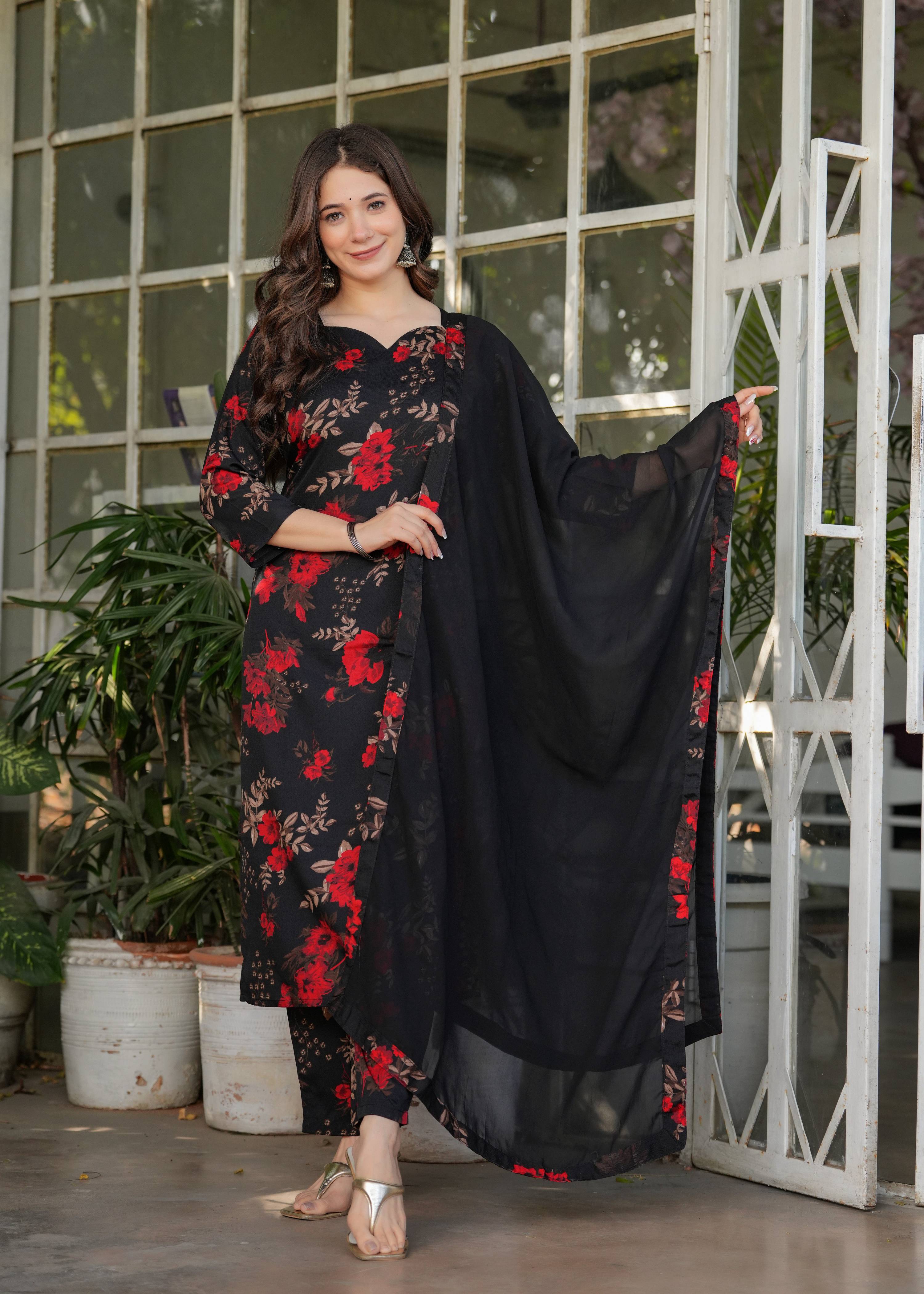 Sonakshi Women's Black Silk Blend Digital Kurta Set with Dupatta | Grocsy