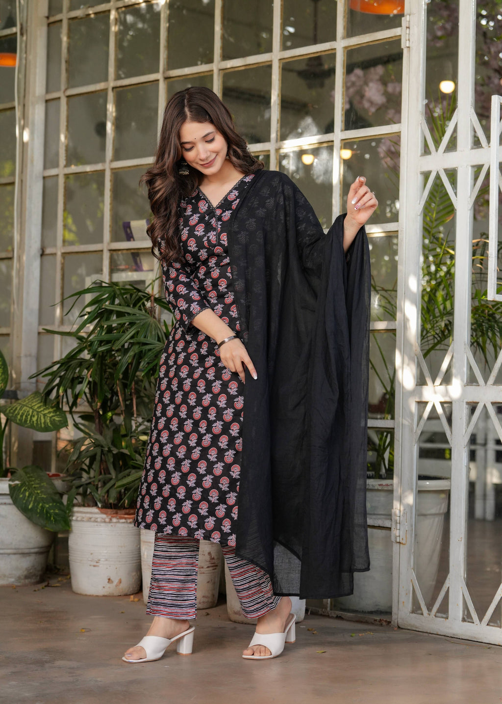 Sonakshi Women's Black Pure Cotton Digital Print Kurta Set with Dupatta | Grocsy