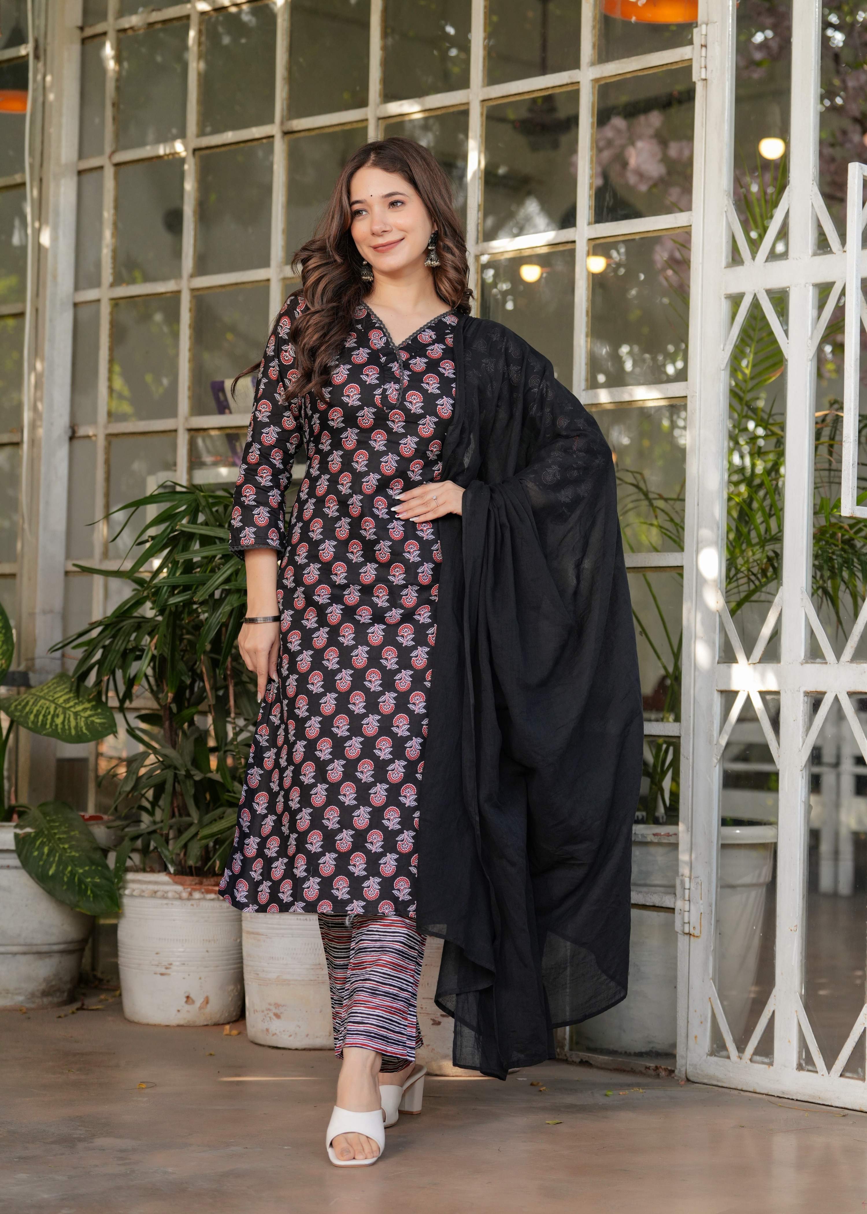 Sonakshi Women's Black Pure Cotton Digital Print Kurta Set with Dupatta | Grocsy