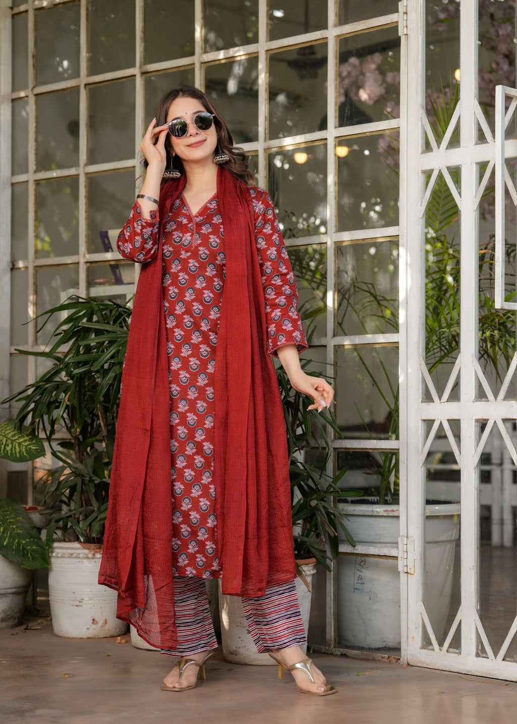 Sonakshi Women's Rust Pure Cotton Digital Print Kurta Set with Dupatta | Grocsy