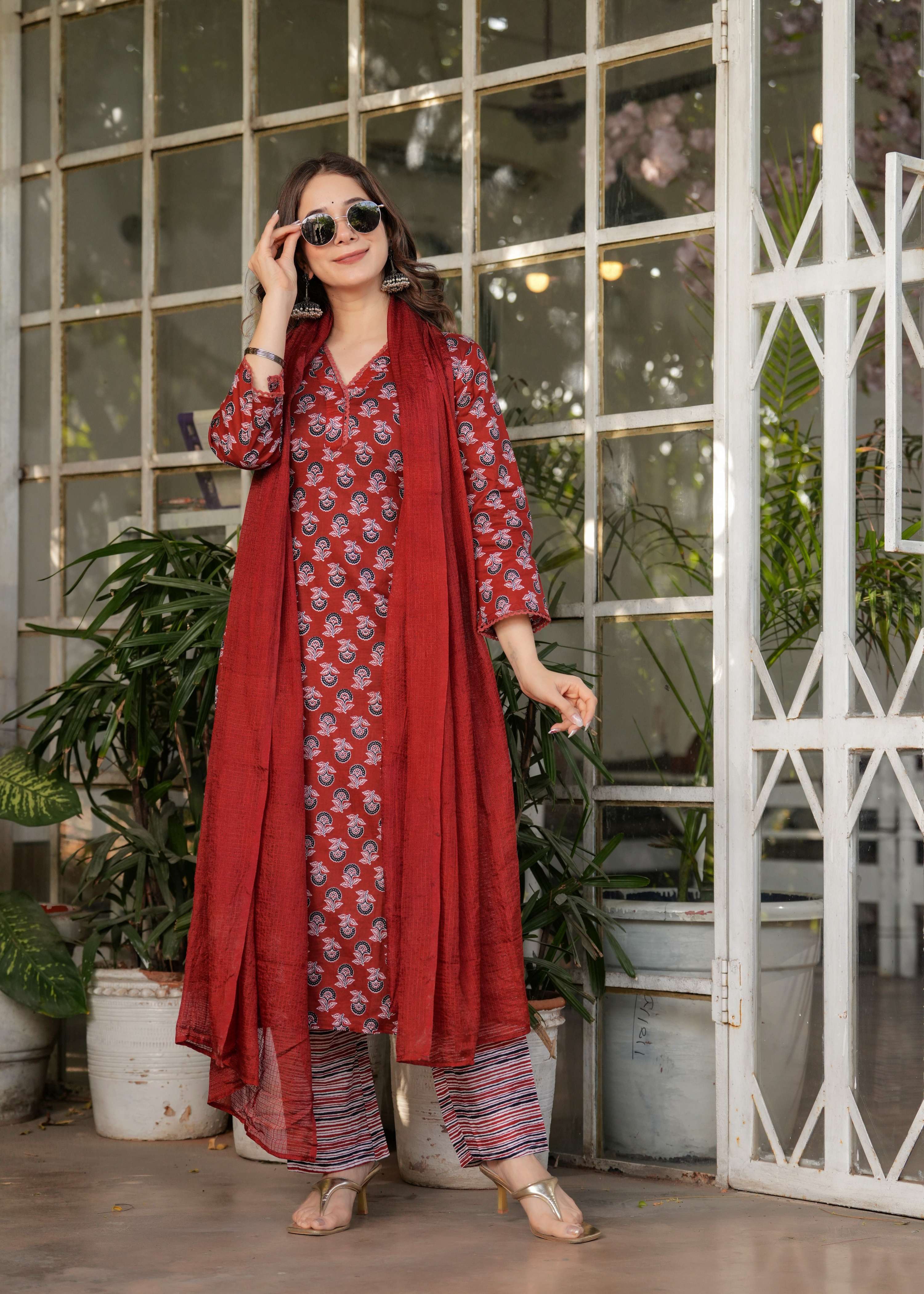 Sonakshi Women's Rust Pure Cotton Digital Print Kurta Set with Dupatta | Grocsy