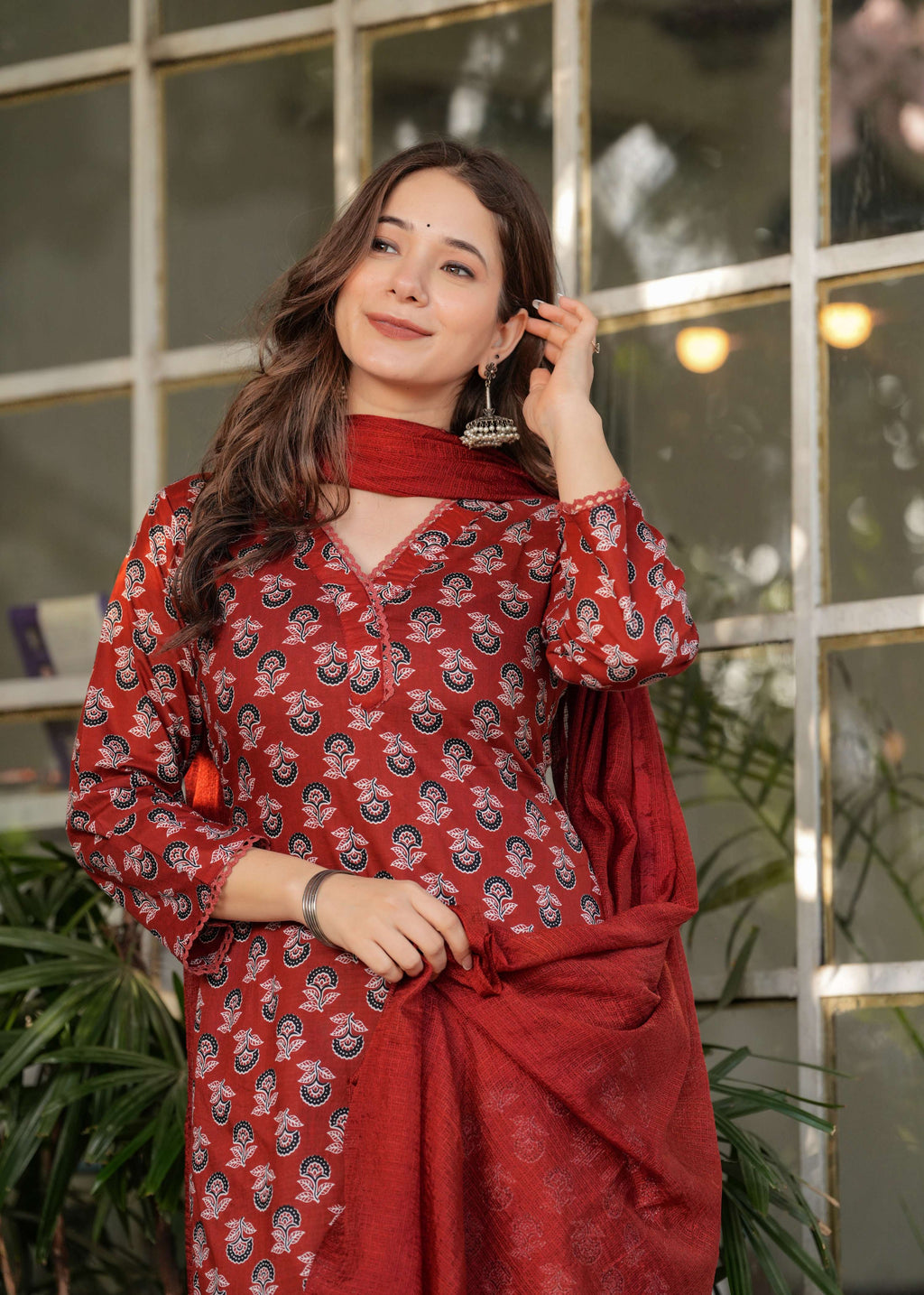 Sonakshi Women's Rust Pure Cotton Digital Print Kurta Set with Dupatta | Grocsy