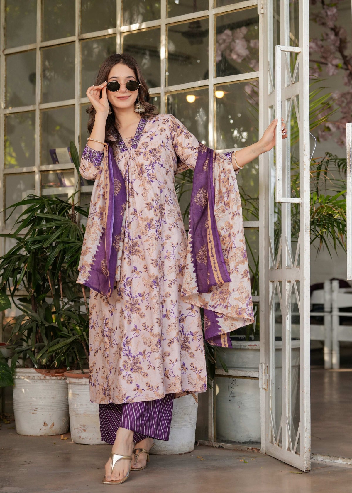 Sonakshi Women's Purple Pure Cotton Digital Print Kurta Set with Dupatta | Grocsy