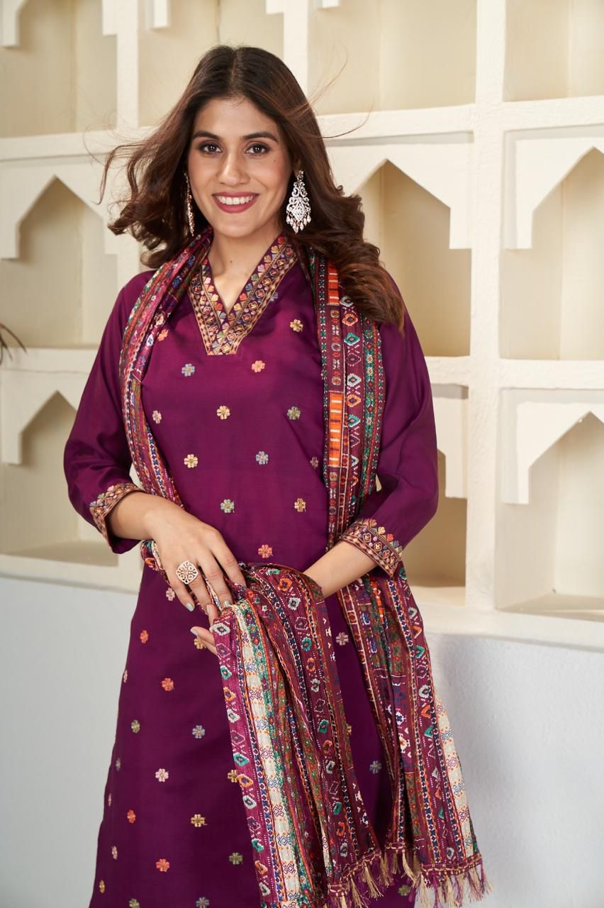 Sonakshi Women's Wine Viscose Chanderi Embroidered Kurta Set with Dupatta | Grocsy