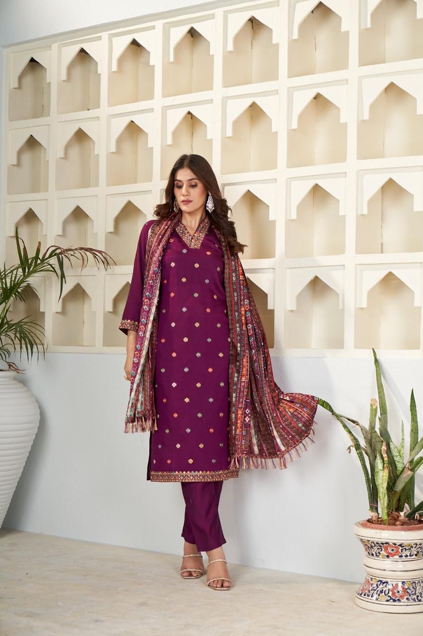 Sonakshi Women's Wine Viscose Chanderi Embroidered Kurta Set with Dupatta | Grocsy