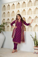 Sonakshi Women's Wine Viscose Chanderi Embroidered Kurta Set with Dupatta | Grocsy