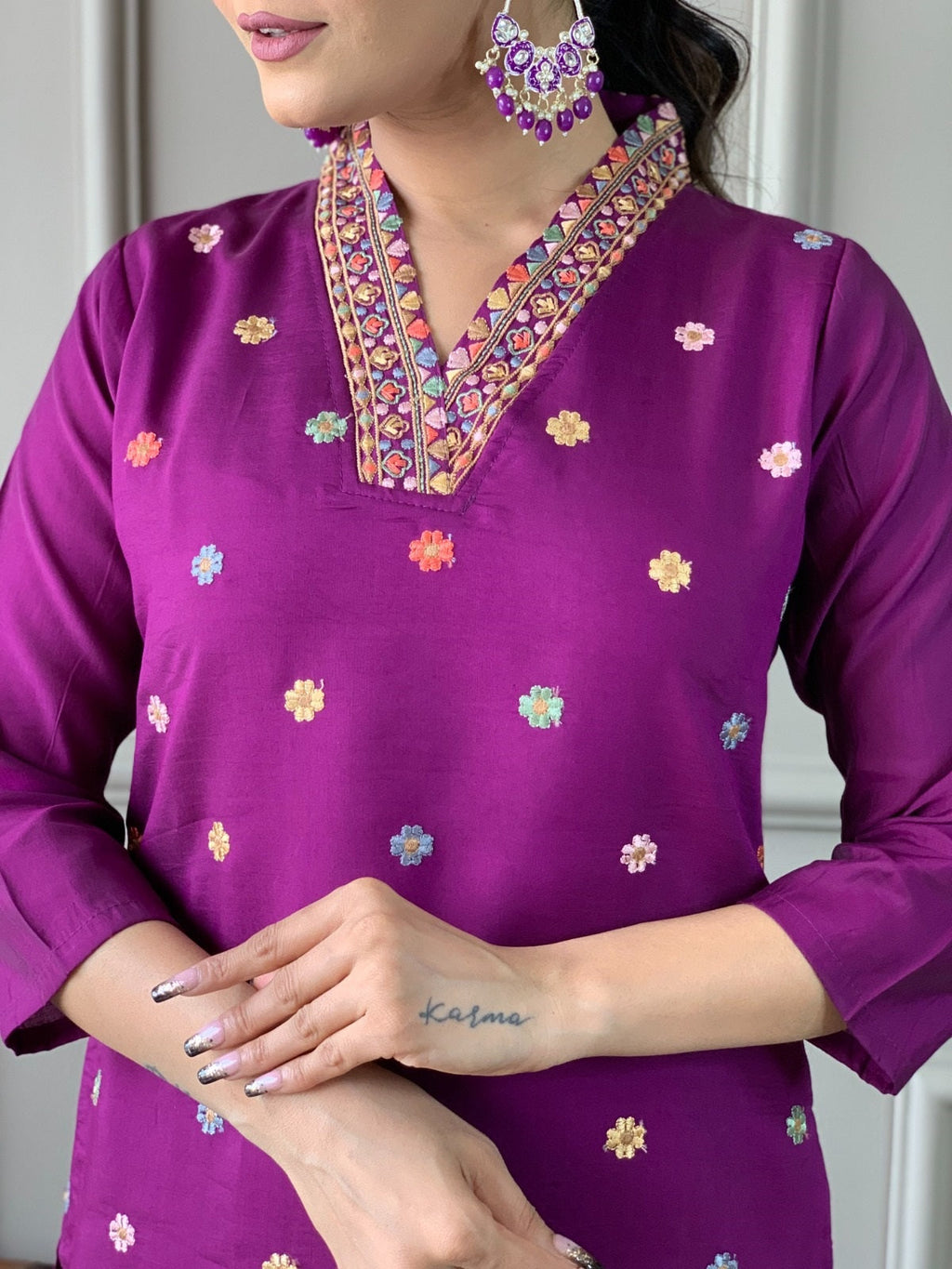 Sonakshi Women's Purple Viscose Chanderi Embroidered Kurta Set with Dupatta | Grocsy