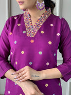 Sonakshi Women's Purple Viscose Chanderi Embroidered Kurta Set with Dupatta | Grocsy