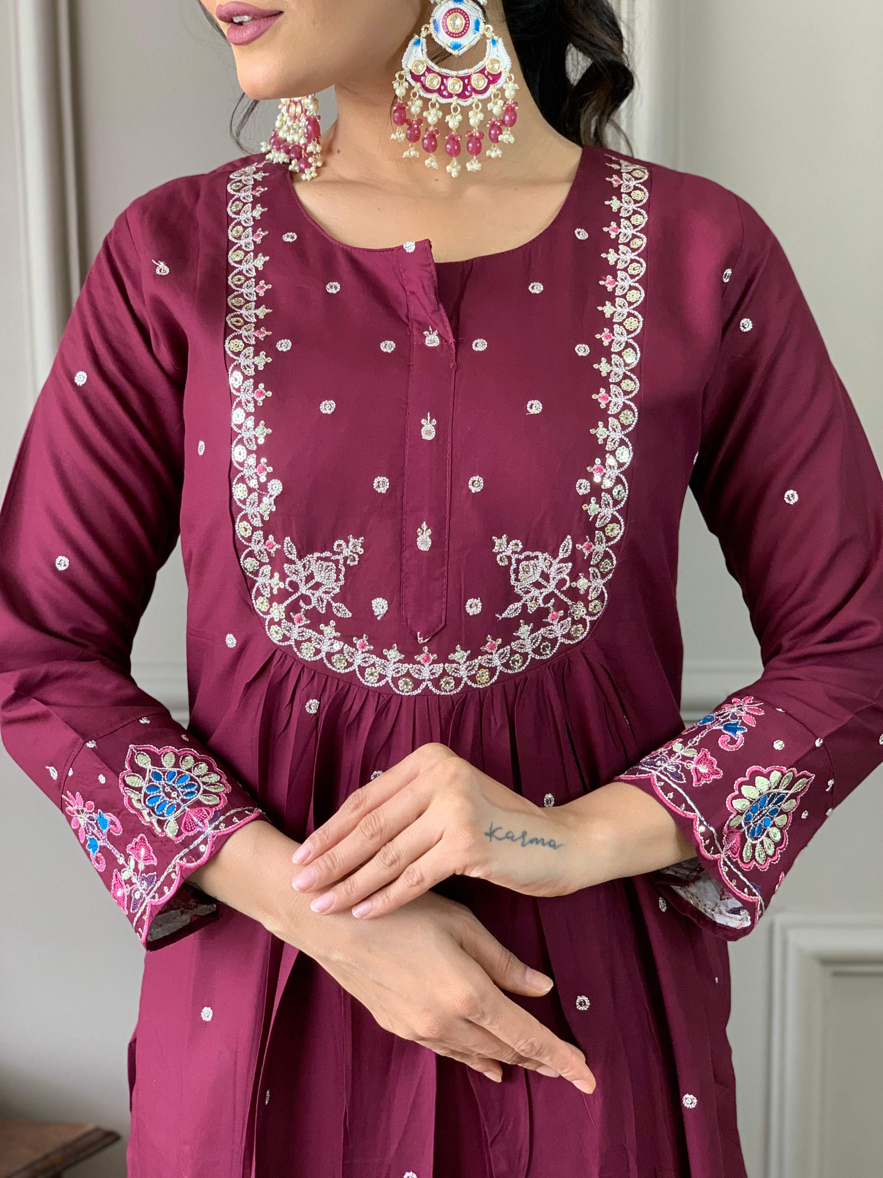 Sonakshi Women's Wine Viscose Chanderi Embroidered Kurta Set with Dupatta | Grocsy