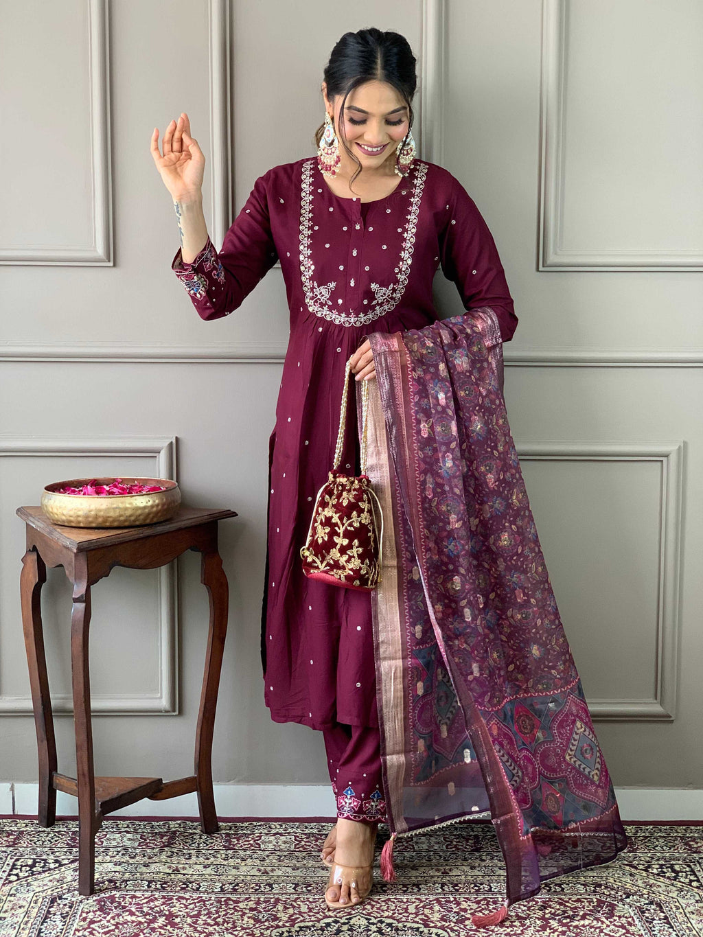 Sonakshi Women's Wine Viscose Chanderi Embroidered Kurta Set with Dupatta | Grocsy