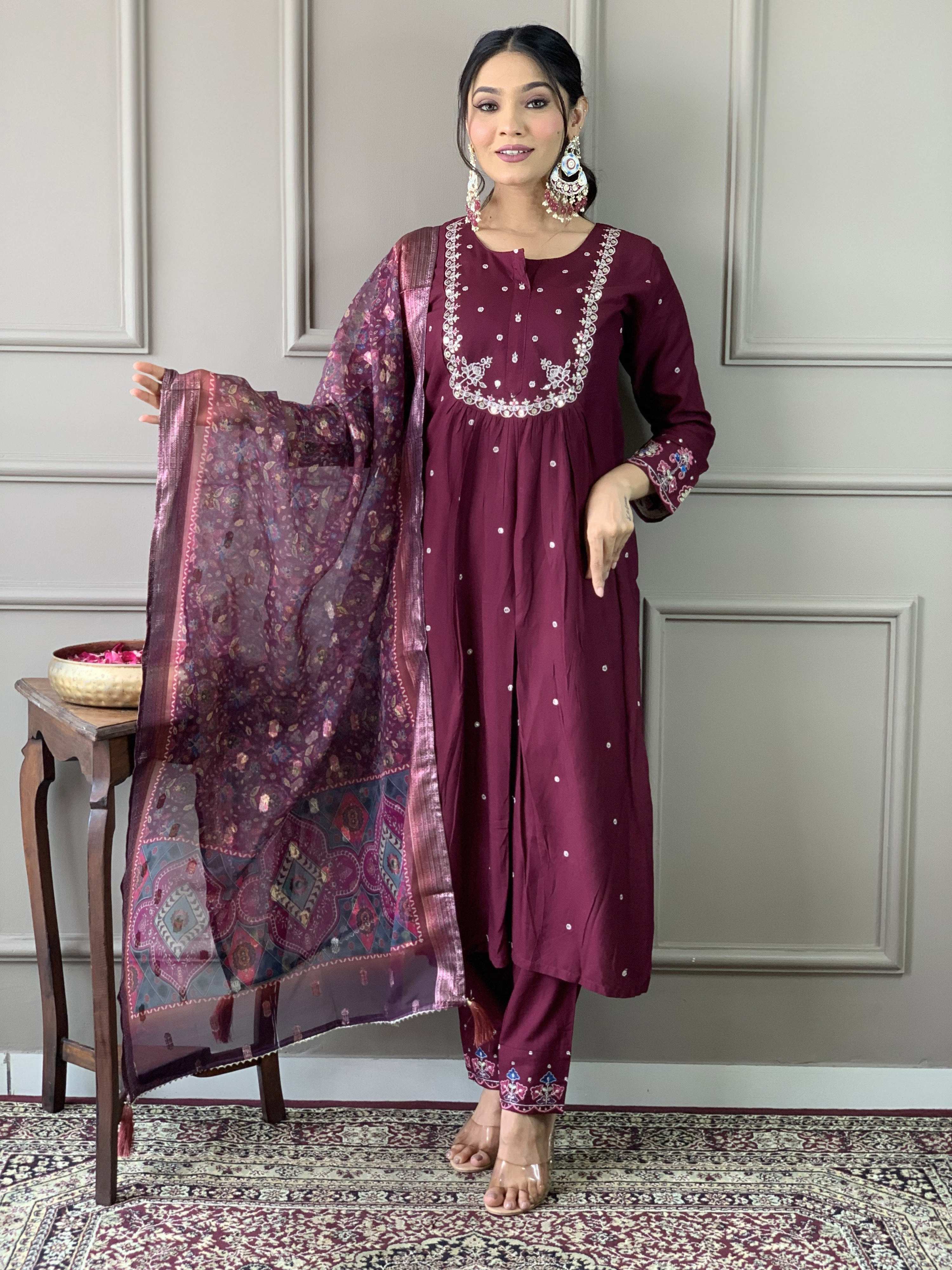 Sonakshi Women's Wine Viscose Chanderi Embroidered Kurta Set with Dupatta | Grocsy