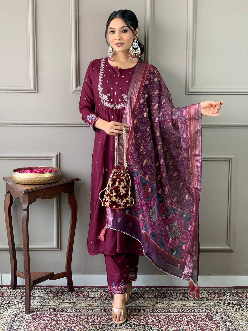 Sonakshi Women's Wine Viscose Chanderi Embroidered Kurta Set with Dupatta | Grocsy