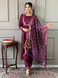 Sonakshi Women's Wine Viscose Chanderi Embroidered Kurta Set with Dupatta | Grocsy