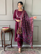 Sonakshi Women's Wine Viscose Chanderi Embroidered Kurta Set with Dupatta | Grocsy