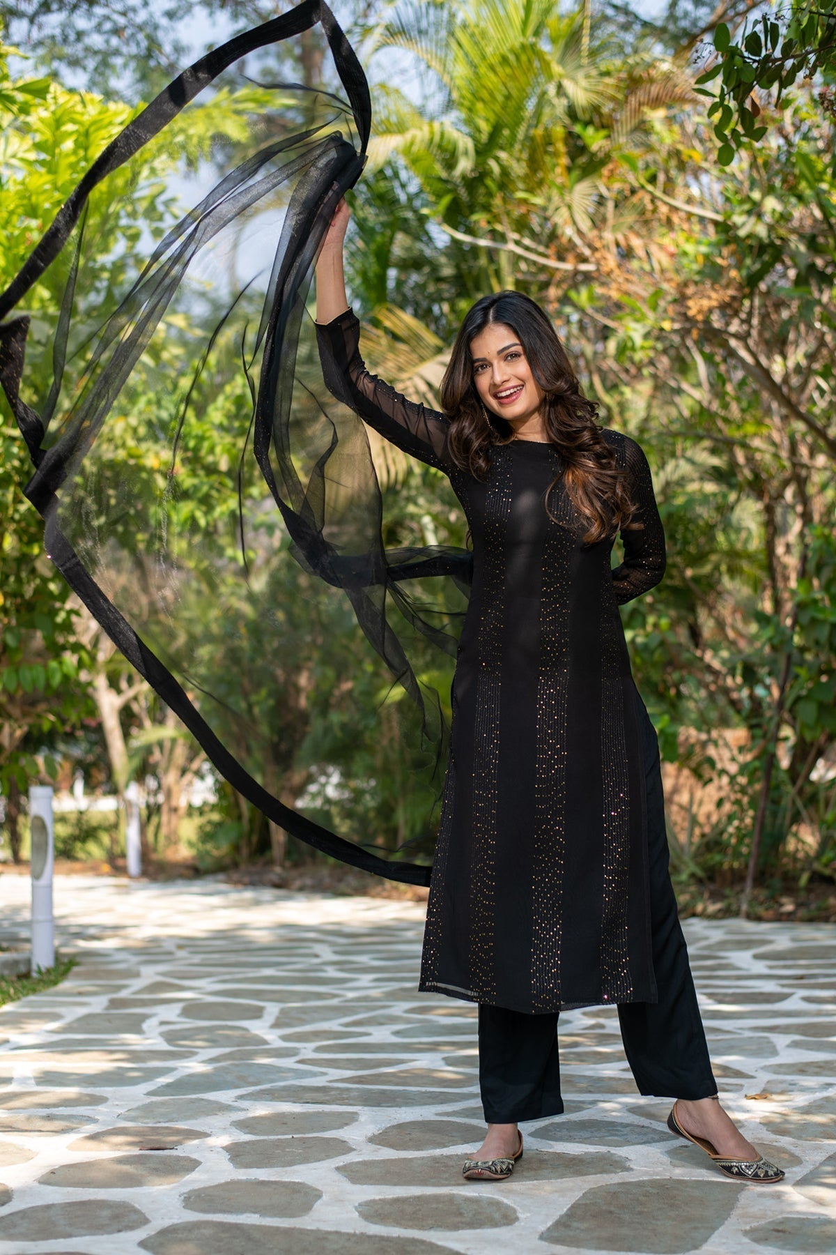Sonakshi Women's Black Faux Georgette Embroidered Kurta Set with Dupatta | Grocsy