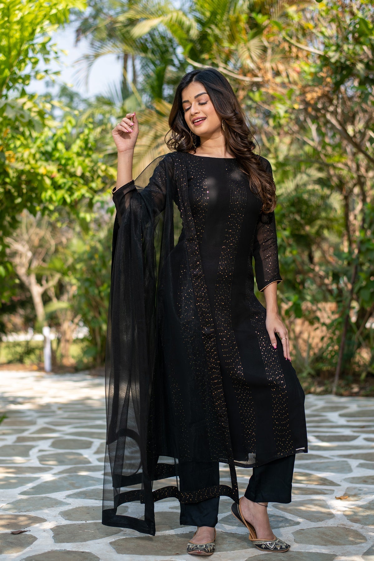 Sonakshi Women's Black Faux Georgette Embroidered Kurta Set with Dupatta | Grocsy